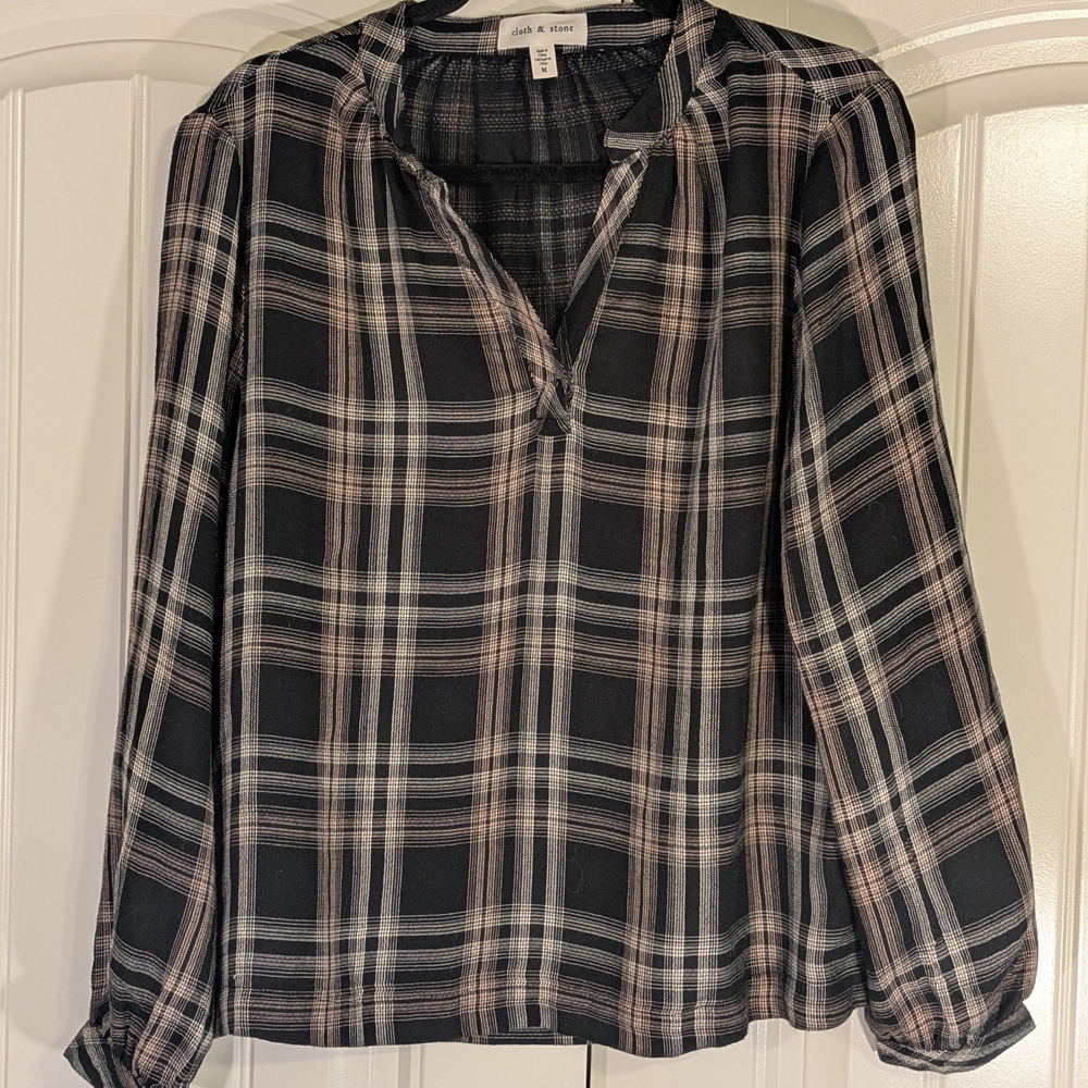Cloth & Stone plaid popover blouse/Plaid V-Neck Blouse Chore Peasant Cottagecore